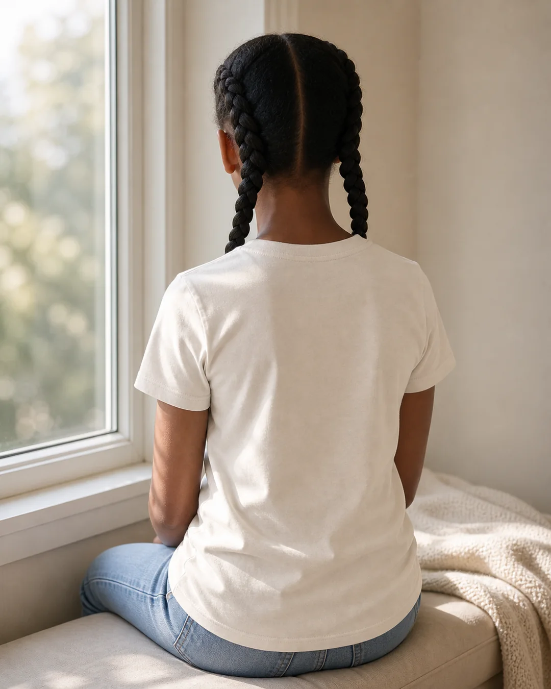 Girl from behind, seated by a window, wearing a plain soft-oat t-shirt, hair in two braids