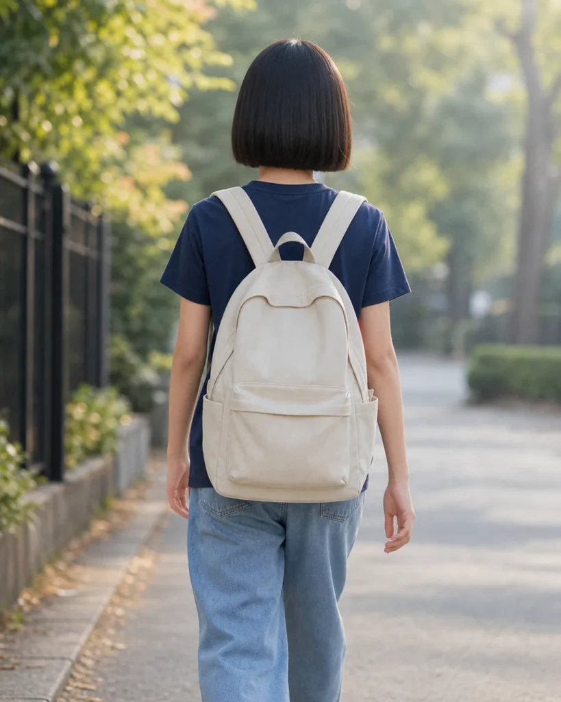 Girl from behind walking with a backpack over both shoulders, wearing a plain navy t-shirt, blunt bob haircut