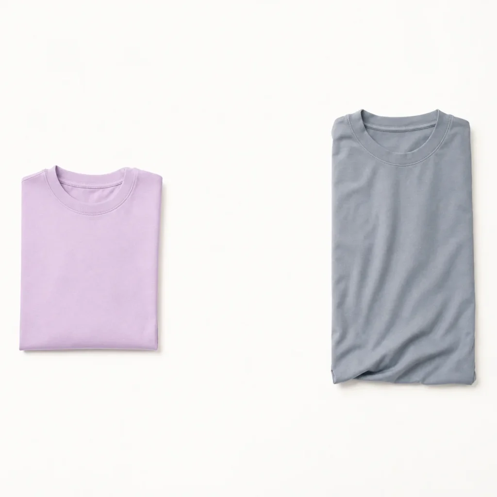 Two folded t-shirts placed apart - one brighter and boxier, one long and slouchy - with empty space between them