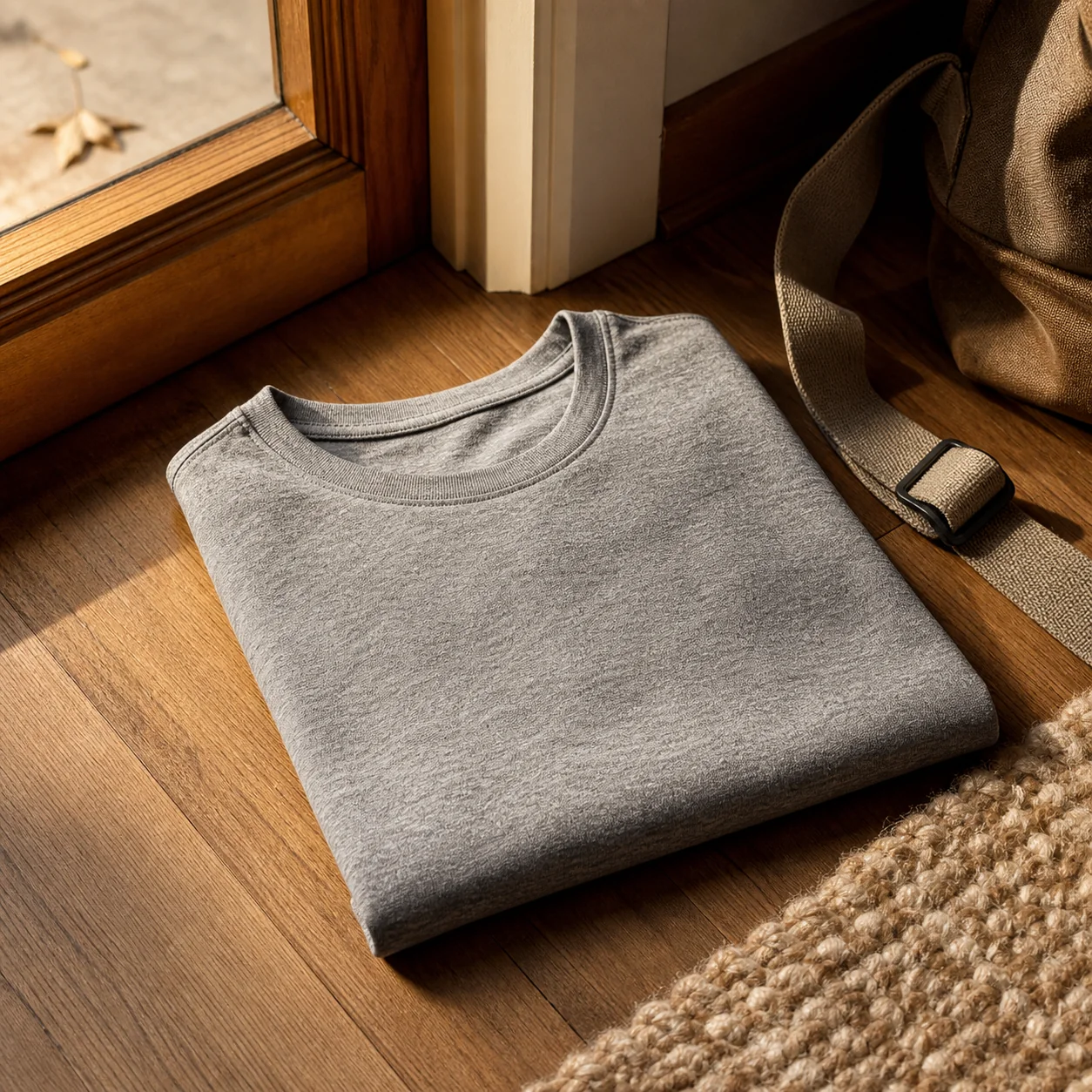 Folded heather-gray t-shirt near a backpack strap by a doorway