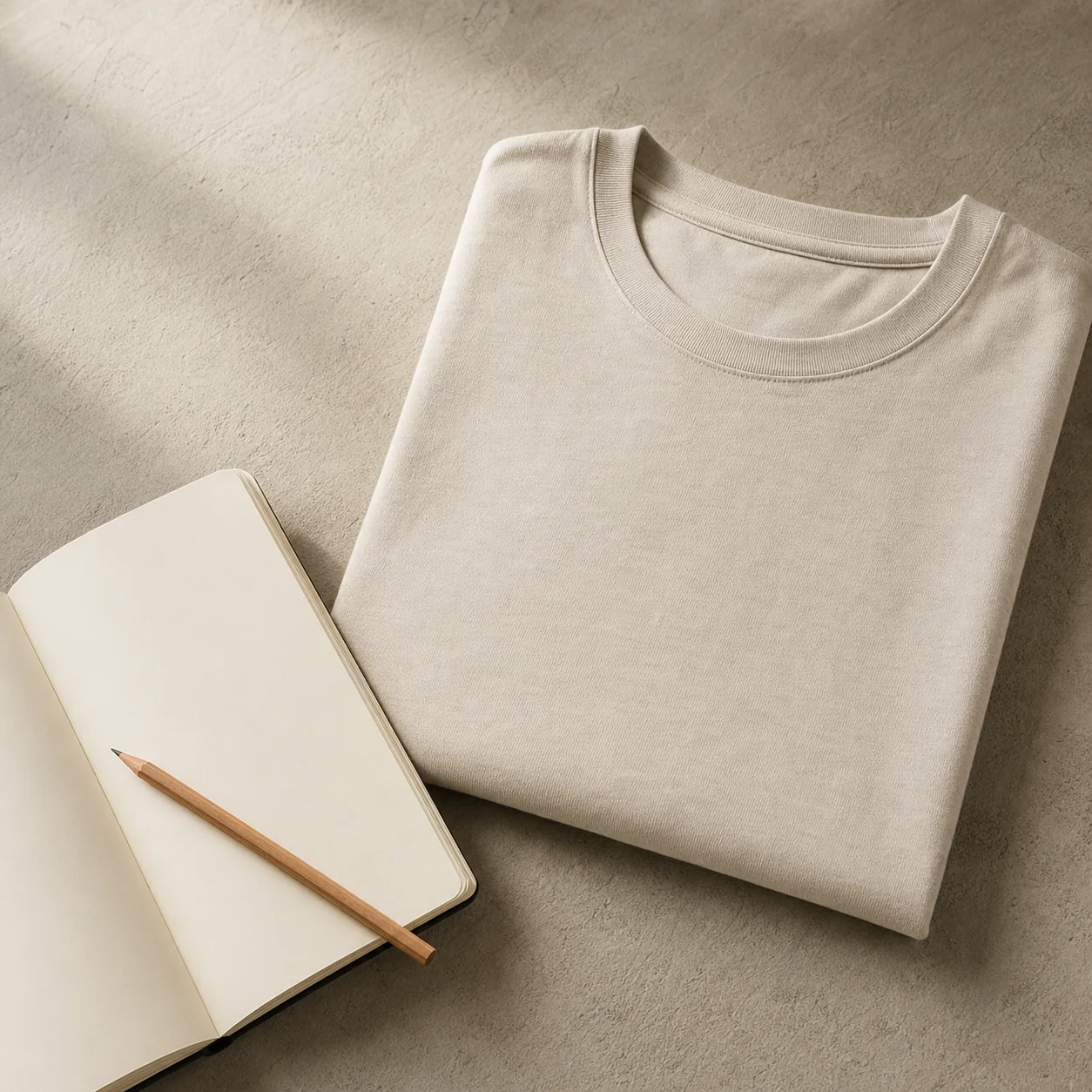 Folded soft-oat t-shirt beside an open notebook and pencil