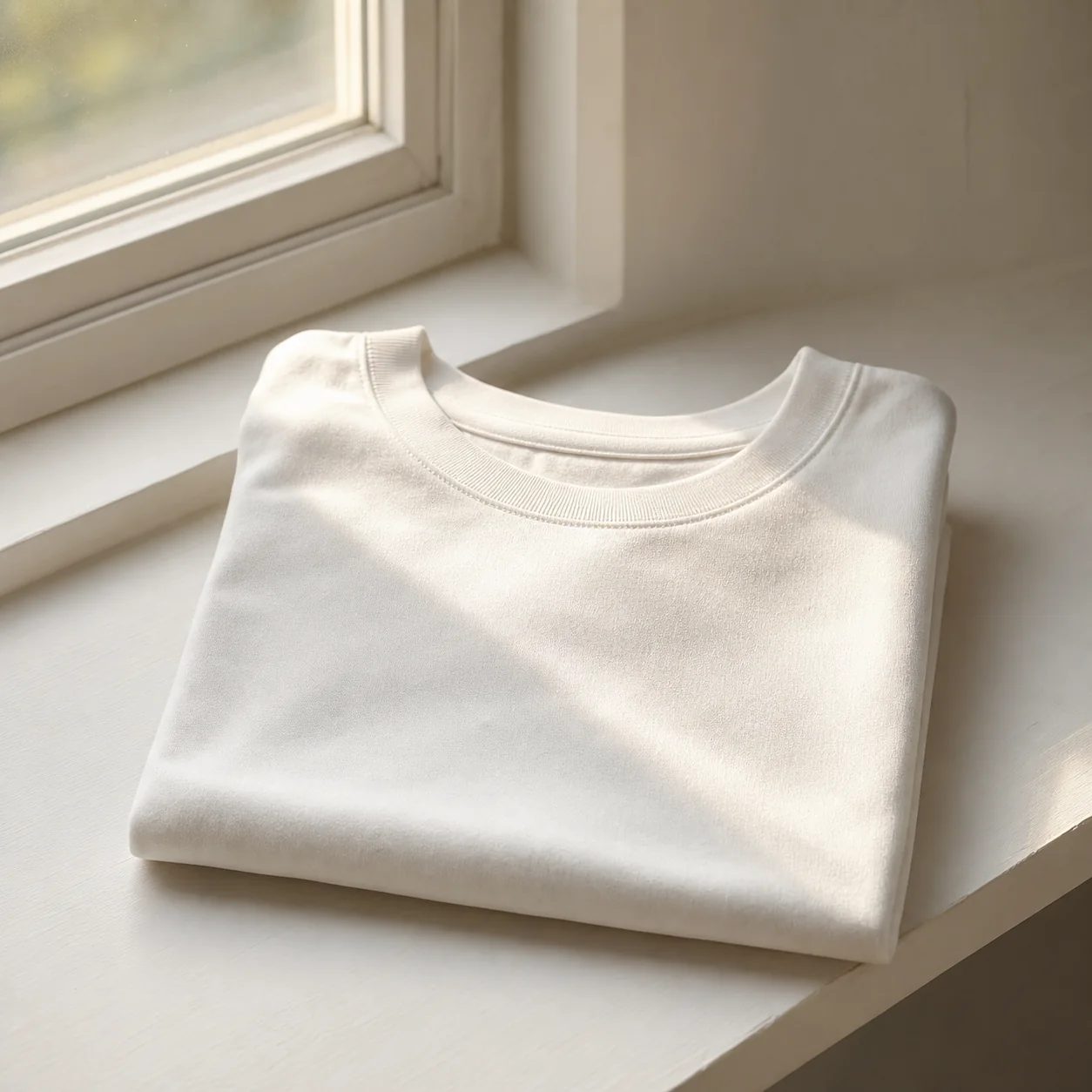 Folded warm-white t-shirt on a windowsill in soft morning light