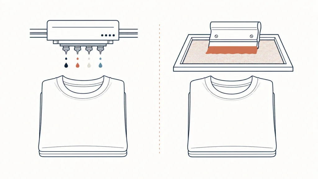 DTG printhead and screen-printing frame shown above two folded tees