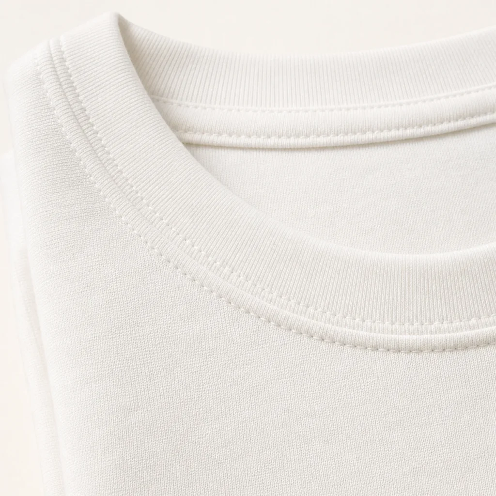 Close-up of a folded t-shirt's collar seam and fabric weave