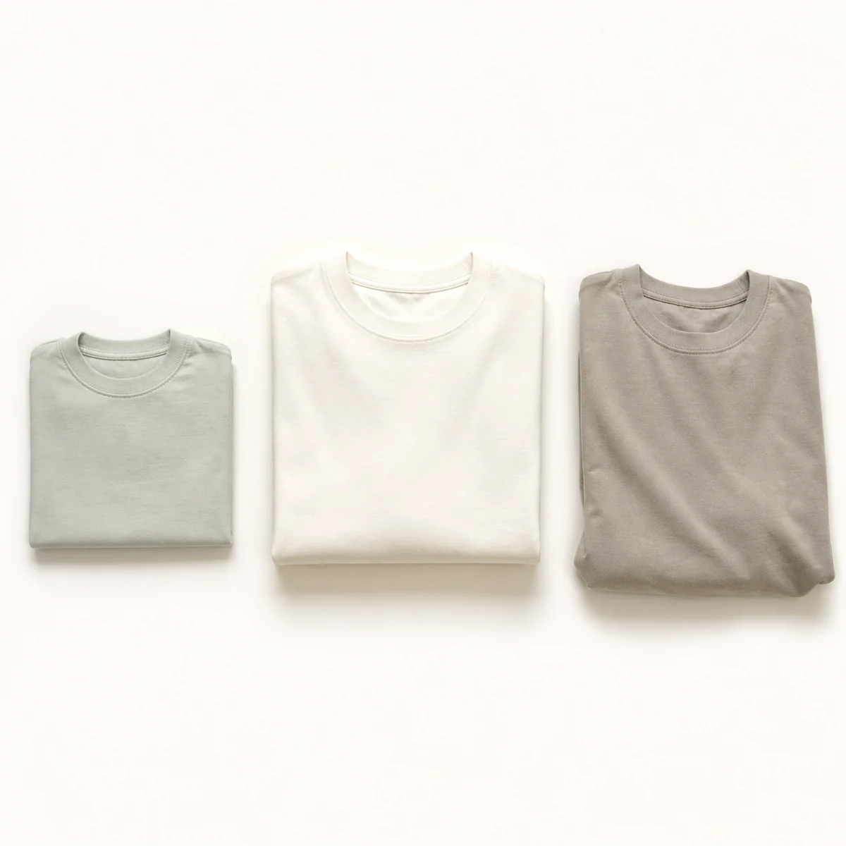 Three folded t-shirts in a size progression - smaller and boxier, a considered middle size, and an oversized drape - the middle one lit as the focal point