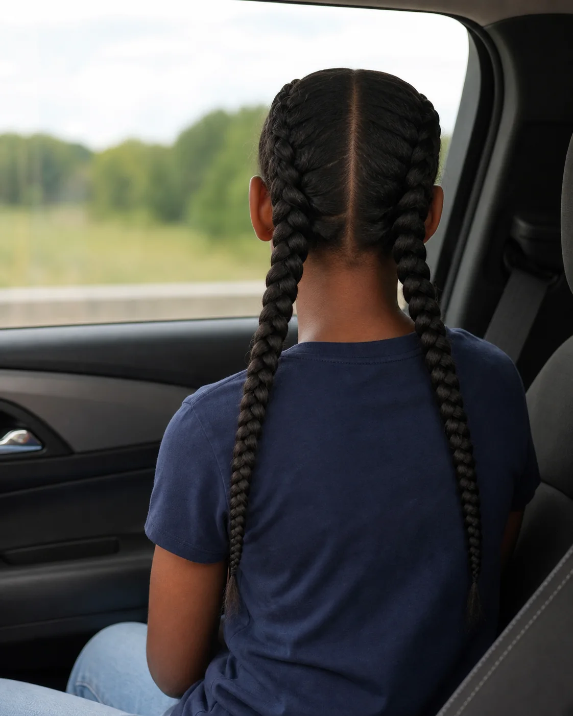 Girl from behind looking out a car window, wearing a plain navy t-shirt, hair in two braids