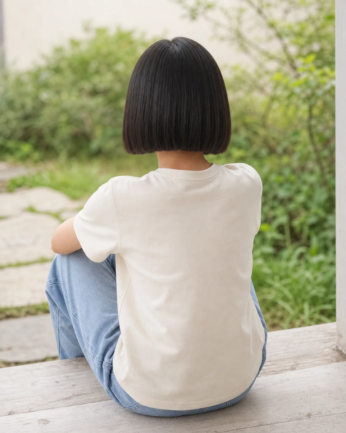 Girl from behind, seated outdoors, wearing a plain soft-oat t-shirt, blunt bob haircut