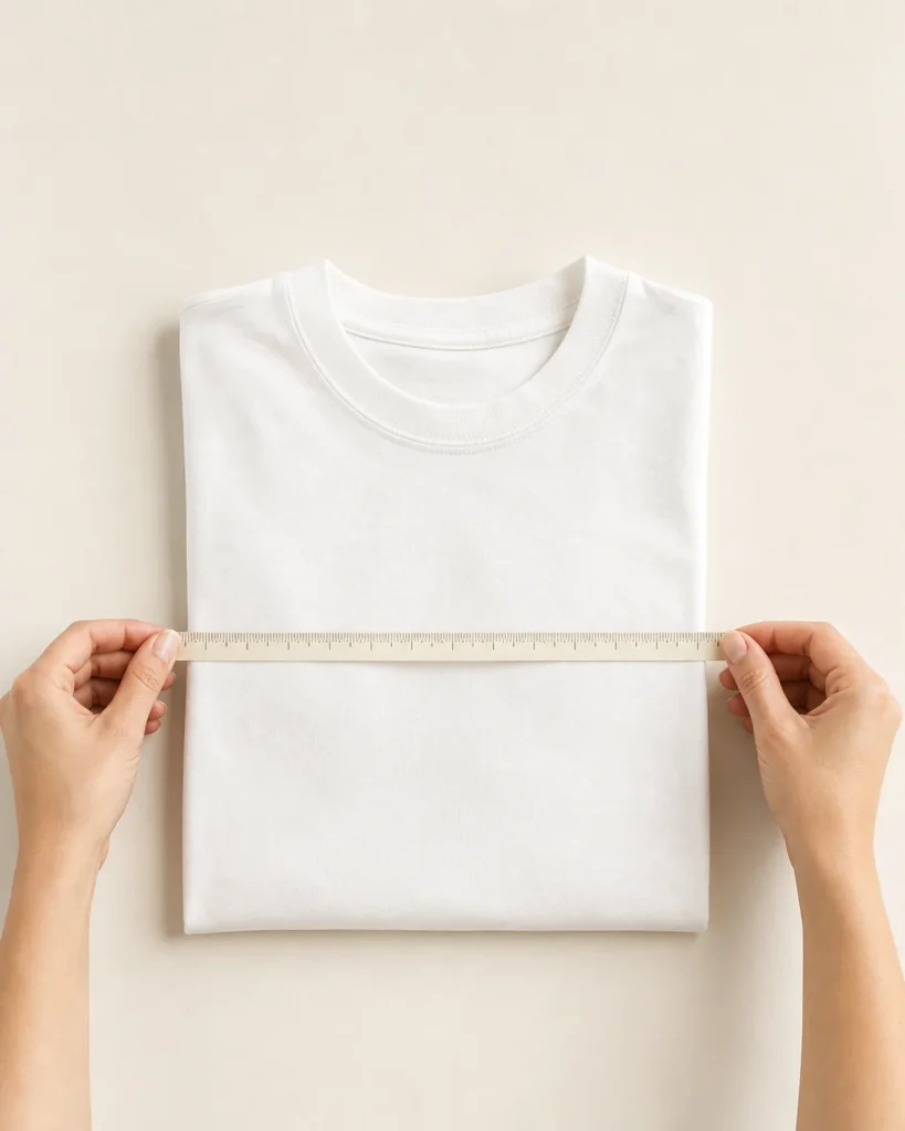 Hands measuring a folded plain t-shirt with a soft tape measure
