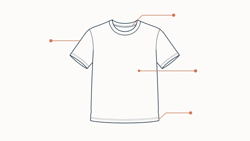 Crew-neck tee with callouts for neckline, sleeves, graphic area, and hem