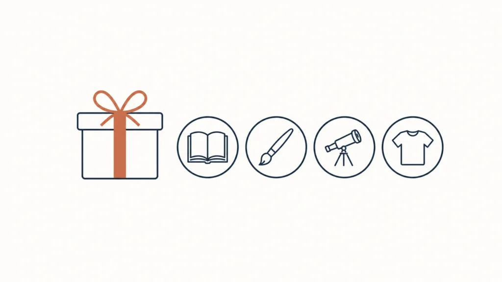 A gift box beside icons for books, art, curiosity, and a tee
