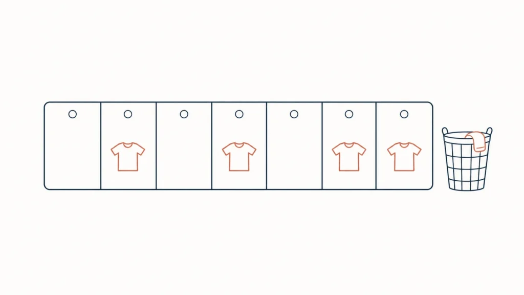 A weekly clothing calendar with tee icons and a laundry hamper
