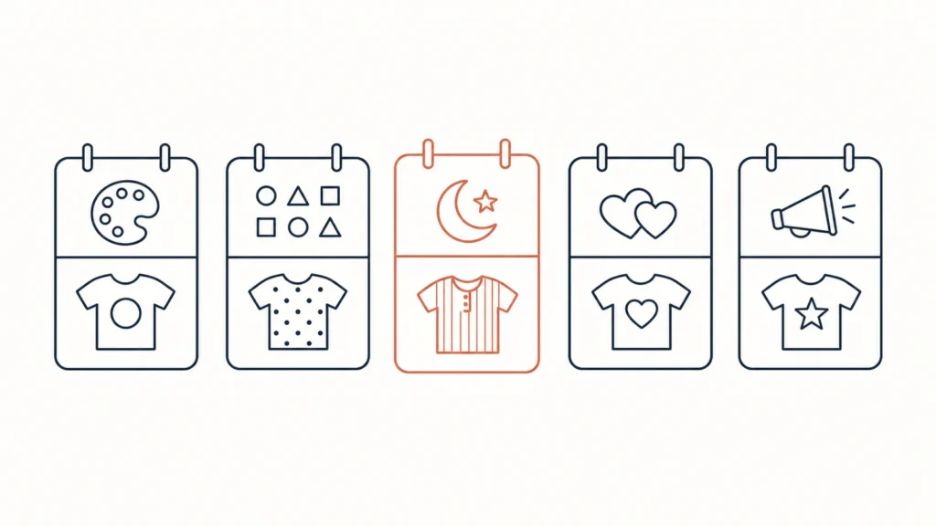 Five spirit-week calendar themes paired with simple tee icons