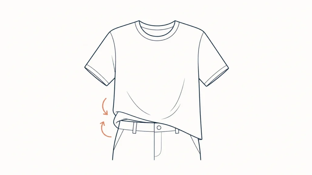 A tee corner half-tucked into a waistband with arrows showing the motion