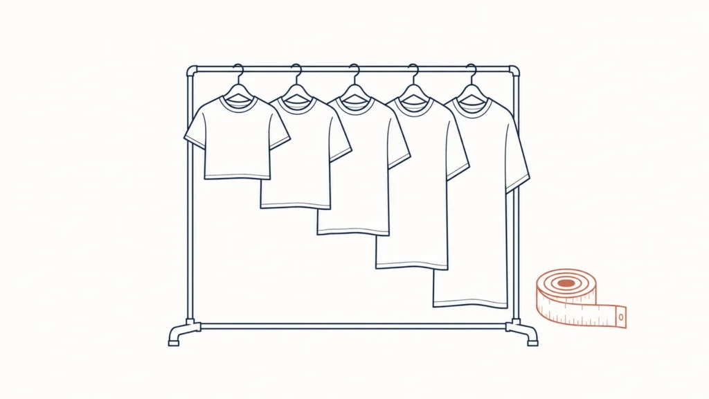 Tees of different lengths on a clothing rack beside a measuring tape